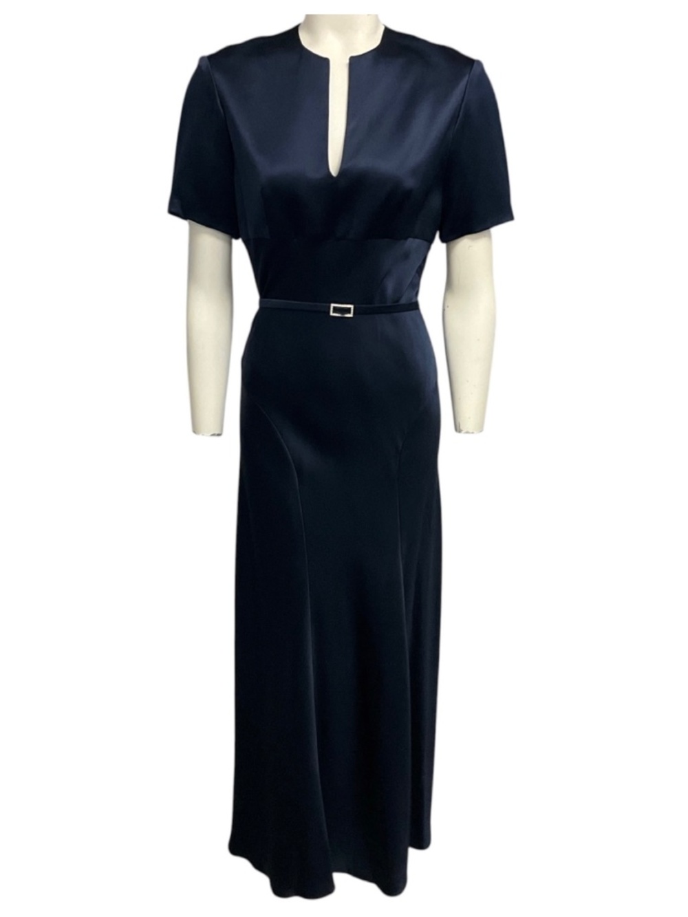 MONIQUE LHUILLIER NAVY BLUE SHORT SLEEVED SILK SATIN MAXI DRESS WITH RHINESTONE